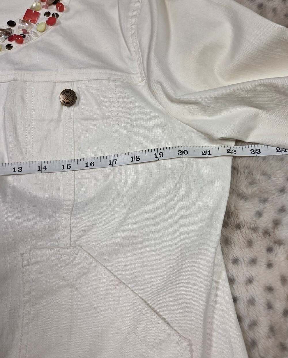 Hearts of Palm White Denim Beaded Collarless Cropped Jean Jacket Size 14 - Picture 5 of 8